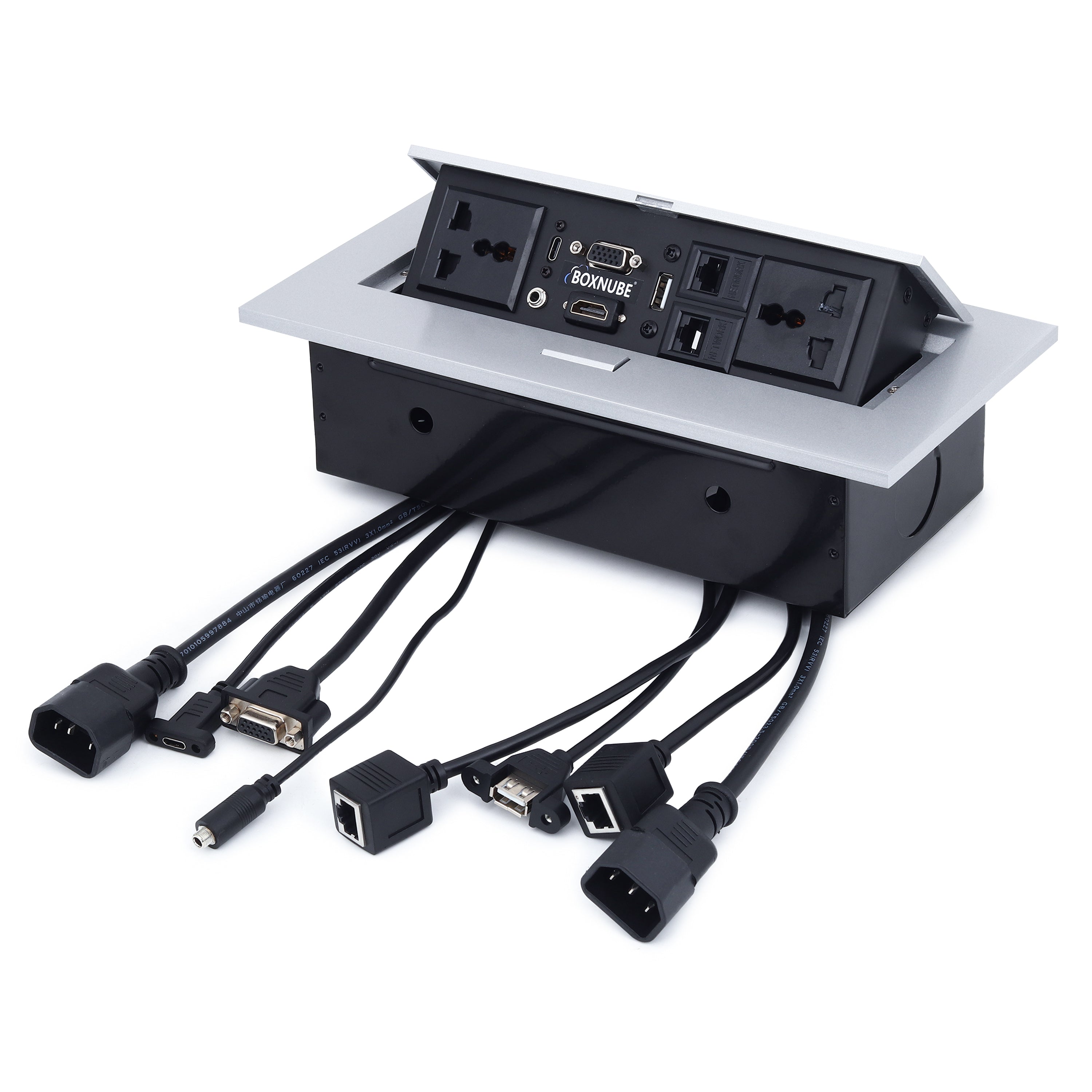BOXNUBE Hydraulic Pop Up Box Cable Cubby with HDMI, VGA, Audio, LAN, USB A, USB Type C & Power Ports BOXNUBE Hydraulic Pop Up Box Cable Cubby with HDMI, VGA, Audio, LAN, USB A, USB Type C & Power Ports